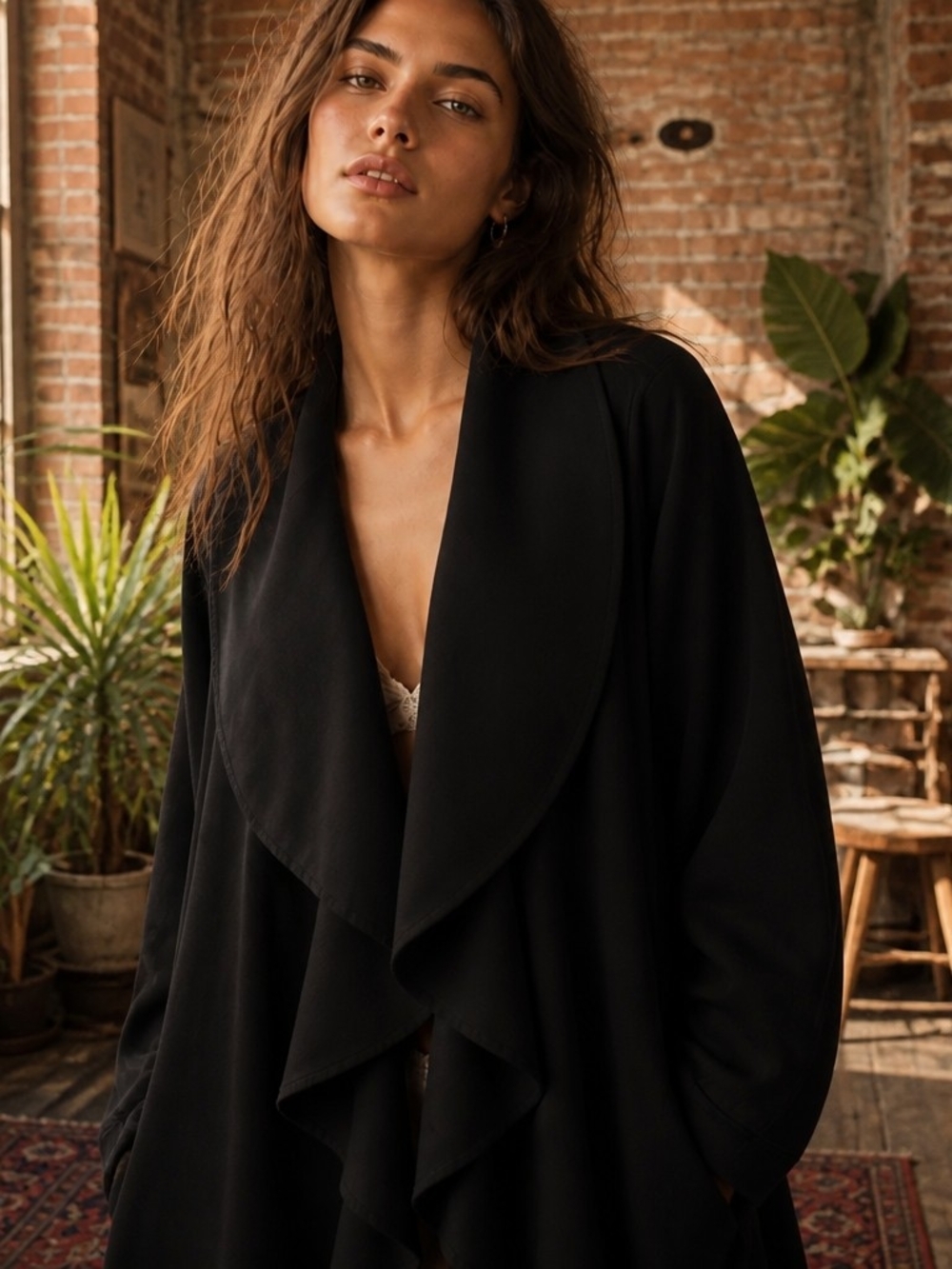 Calvin Klein Black Draped Waterfall Robe